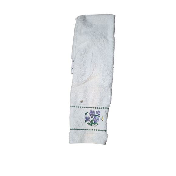 CROSCILL WHITE COTTON EMBROIDERED Floral Violet Peony HAND TOWEL Leaf Trim - Picture 4 of 4